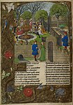Romanen om rosen. Berättaren, Désiré, blir insläppt i trädgården. Målning från ca 1490-1500.