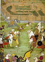 A miniature from Padshahnama depicting the surrender of the Safavids in 1638 to the Mughal army of Shah Jahan commanded by Kilij Khan.