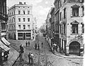 Dnes již neexistující část trati ve Starém Městě na přelomu 19. a 20. století, ulice Mariacka