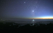 A photograph of the night sky taken from the seashore. Many glimmers of sunlight is on the horizon. There are many stars visible. Venus is at the center, much brighter than any of the stars, and its light can be seen reflected in the ocean.