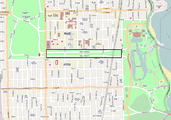 Lorado Taft Midway Studios (red rectangle) is just south of the Midway Plaisance. Fountain of Time (red oval) is in the southeast portion of Washington Park immediately west of the Midway Plaisance. (Chicago Park District in green, University of Chicago in pink)