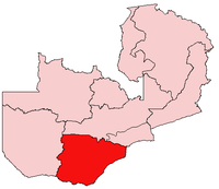 Map of Zambia showing the Southern Province