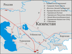 Расположение газопровода Бухара — Ташкент — Бишкек — Алматы