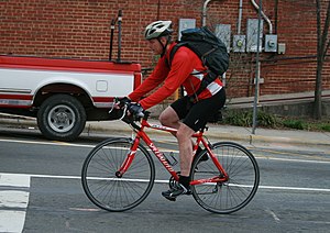 A cyclist on S Greensboro St in Carrboro, Nort...