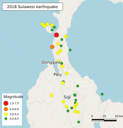 2018年蘇拉威西島地震餘震震中分布圖