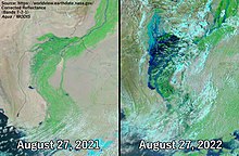 צילומי לוויין המציגים השוואה של דרום פקיסטן, מ-27 באוגוסט 2021 (שנה אחת לפני השיטפונות) ומ-27 באוגוסט 2022
