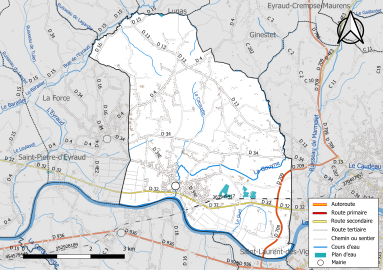 Carte en couleur présentant le réseau hydrographique de la commune