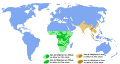 De idag förekommande elefanternas utbredningsområden. Grön = afrikanska elefanter, brun = asiatisk elefant, ljust+mörkt = vid början av 1900-talet, bara mörkt = vid början av 2000-talet