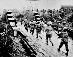 Підрозділи американської піхоти перетинають руїни лінії Зігфрида. 22 квітня 1945