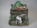 Rabbit box and cover, coloured glazes, c.1870.