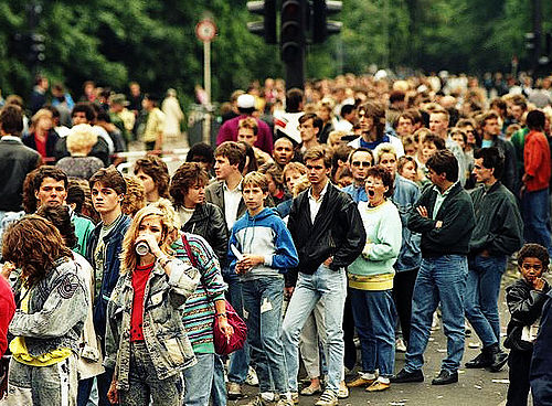 Michael Jackson fans waiting in line during his Bad tour, 1988.