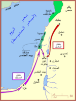 خريطة توضح مسيرة الجيشين الإسلامي والمغولي حتى التقاؤهما في عين جالوت