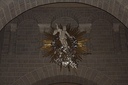 Assumption of the Virgin sculpture, painted wood, by Pierre Vaneau (17th c.) on an arch over the nave