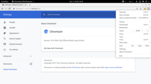 Chromium 78 работает в оболочке GNOME на Ubuntu, отображает страницу настроек и открытое меню