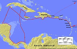 4th voyage of Christopher Columbus, who touched upon later named after him Colombian, now Panamanian lands where he encountered the Kuna people
(1502-04) Columbus fourth voyage.jpg
