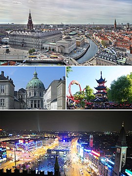 From upper left: Christiansborg Palace, Marble Church, Tivoli Gardens, City Hall Square