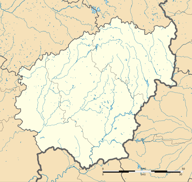 Mapa konturowa Corrèze, u góry znajduje się punkt z opisem „Tarnac”