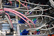 A server rack seen from the rear