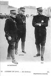 General Castelnau shown on the left commanded the 2nd French Army, Joffre in the centre was the French Commander in Chief. General Pau shown to the right commanded the "Army of Alsace".