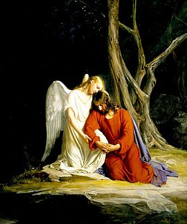 ملاكٌ يُهدِّئ من روع المسيح في بُستان الجثسيمانيَّة قبل اعتقاله وصلبه. لوحة زيتية بريشة الفنَّان كارل بلوخ