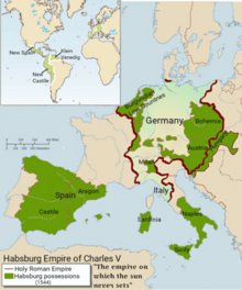 The empire of Charles V at its peak after the Peace of Crepy in 1544 Habsburg Empire of Charles V.png