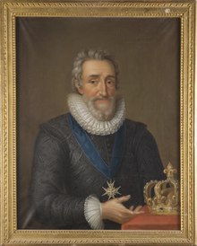 Old portrait in a gold frame showing a king dressed in black with a white lace stand-up collar and cuffs and honors hanging from a blue ribbon pointing to a crown