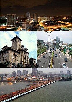 Clockwise from top left: Night view of Johor Bahru, Sultan Ibrahim Building, Tebrau Highway & Johor–Singapore Causeway