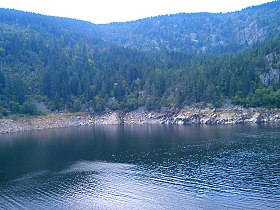 L'Altenkraehkopf (sommet boisé tout à gauche) vu depuis le lac Noir.