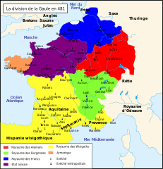 Carte de la situation du royaume franc à l'arrivée de Clovis Ier au pouvoir, en 481.