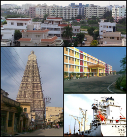 Nellore Montage По часовой стрелке сверху слева: вид на город Неллор, колледжи Нараяны, корабль в порту Кришнапатнам, Гопурам из храма Шри Ранганатасвами, Неллор