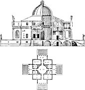 Sección y planta de la Villa Capra tal como aparecen en I Quattro Libri dell'Architettura (publicado por Palladio en 1570)