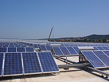 Solar panels in Piombino, Tuscany. Italy is one of the world's largest producers of renewable energy. Pannelli solari Unicoop Tirreno.JPG