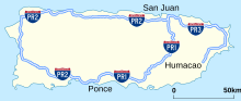 Map of routes in Puerto Rico that receive funding from the Interstate program, but are not signed as Interstate Highways Puerto Rico Interstates.svg