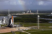 Atlantis and Endeavour on LC-39A and LC-39B. Endeavour was slated to launch for STS-400 rescue mission should Atlantis (STS-125) be found unable to return safely to Earth. Space shuttles Atlantis (STS-125) and Endeavour (STS-400) on launch pads.jpg