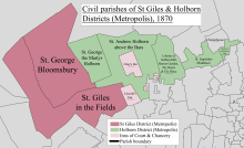 The combined parishes of St Giles in the Fields and St George Bloomsbury (west) joined with most of Holborn District to form the Met. Borough of Holborn, in 1900 St Giles & Holborn Civil Parish Map 1870.png