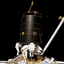 Capture of Intelsat VI in 1992 on STS-49. This hand-capture of a satellite is the only EVA to date to be performed by three astronauts. Three Crew Members Capture Intelsat VI - GPN-2000-001035.jpg