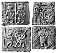 The Torslunda plates (c. 600). The plate on the lower left may depict a warrior in a wolf mask performing a dance, perhaps a form of initiation rite. Torslunda plates.jpg