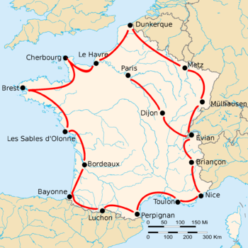 Map of France with the route of the 1926 Tour de France
