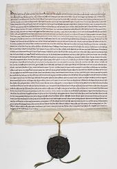 Manuscrit en vieux français, scellé du sceau de Henri III en cire verte sur cordonnets de soie rouge et verte.
