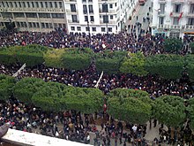 Protesters on Avenue Habib Bourguiba, downtown Tunis on 14 January 2011, a few hours before president Zine El Abidine Ben Ali fled the country. Tunisia Unrest - VOA - Tunis 14 Jan 2011 (2).jpg