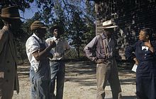 Subjects talking with study coordinator, Nurse Eunice Rivers, c. 1970 Tuskegee-syphilis-study subjects-talking-to-nurse-eunice-rivers.jpg