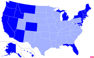 States in the United States by non-Christian (e.g. Non-religious, Jewish, Muslim, Hindu, Buddhist) population according to the Pew Research Center 2014 Religious Landscape Survey.[221] States with non-Christian populations greater than the United States as a whole are in full blue.