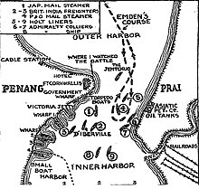 Map showing Emden
's movements during the battle When the Emden Raided Penang, Map, fromThe New York Times, Dec.jpg
