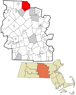 阿什伯纳姆在伍斯特县及马萨诸塞州的位置（以红色标示）