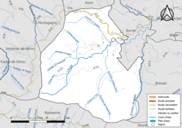 Carte en couleur présentant le réseau hydrographique de la commune