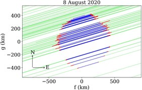 2002 MS4's projected shape revealed by the many positive detection chords from the 8 August 2020 occultation (blue with red error bars). A massive topographic peak and depression is visible along 2002 MS4's limb in the northeast direction.