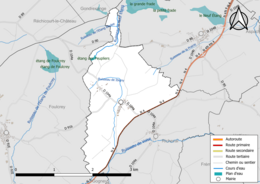 Carte en couleur présentant le réseau hydrographique de la commune