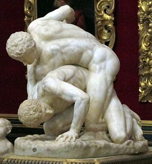 The Pancrastinae statue demonstrates the pancratium, which being similar to modern MMA featured a strong grappling element. This statue is a Roman copy of a lost Greek original, circa 3rd century BCE. Arte romana, Lottatori, 1-100 circa da un originale del III secolo a.C. 02.JPG