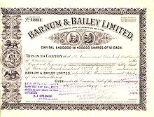 A 1903 stock certificate of a circus business, Barnum & Bailey, showing an issue price of PS1 a share. The American business's founder P. T. Barnum was known for his phrase "There's a sucker born every minute." Barnum.aktie.jpg