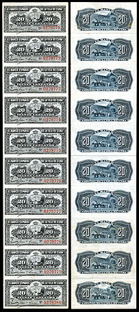 Uncut strip of 20 centavos notes
